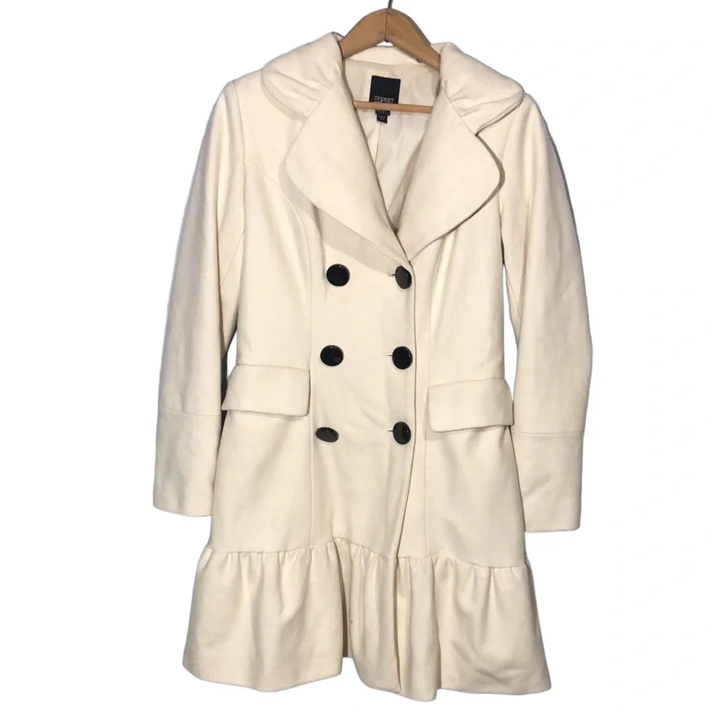 ESPRIT | Vintage Ivory Wool Blend Double Breasted Pleated Notched Collar Coat M